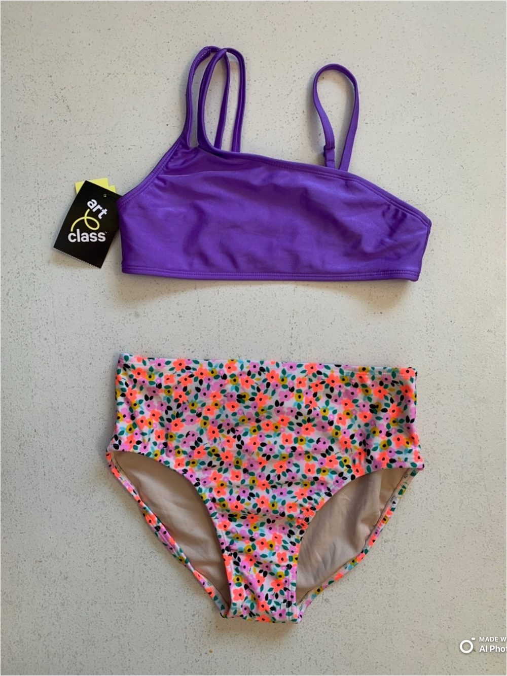 Art Class Girls XL Bikini Set Swimsuit Purple Top + Floral Bottom NWT